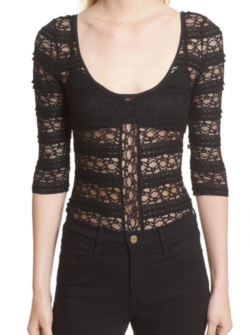 Cinq à Sept Marla Silk Lace Bodysuit S Black Sheer Lace $195